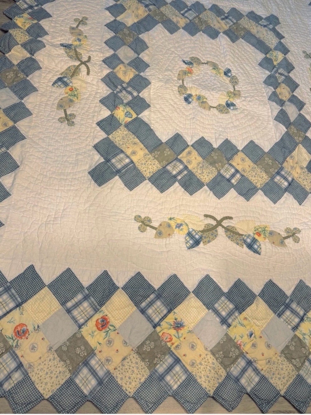 Vintage Twin Trip Around The World Quilt & Sham Sawtooth Edge & Floral Appliqués